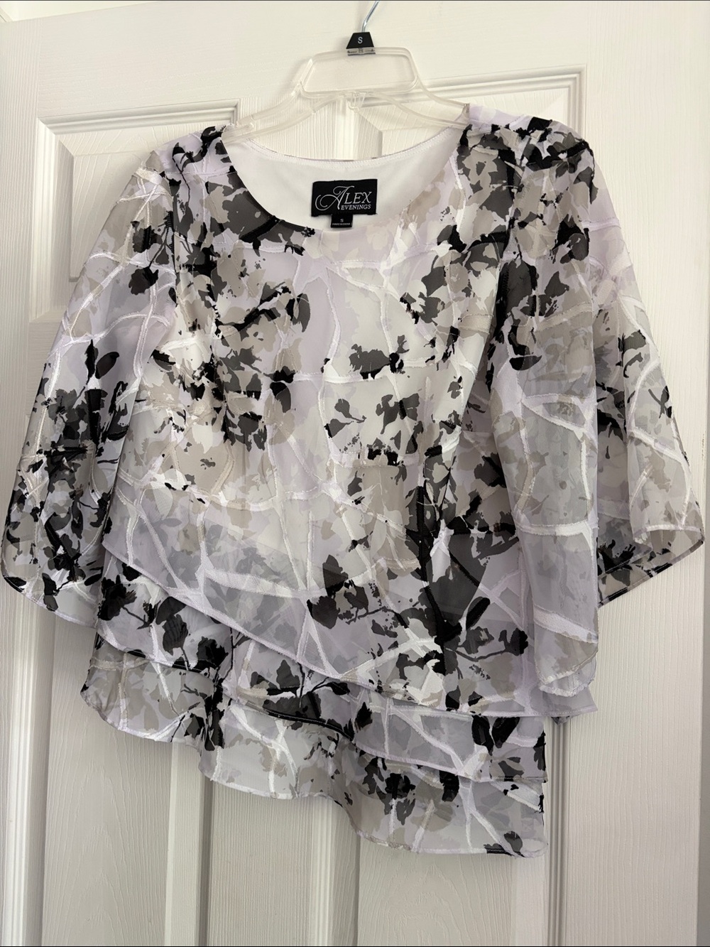 Alex Evenings Black, White & Gray Floral Sheer Layered Blouse